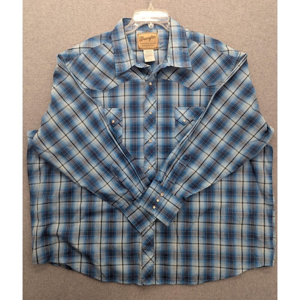 Wrangler Shirt Mens 3XL Blue Plaid Western Pearl Snap Long Sleeve Big Cowboy